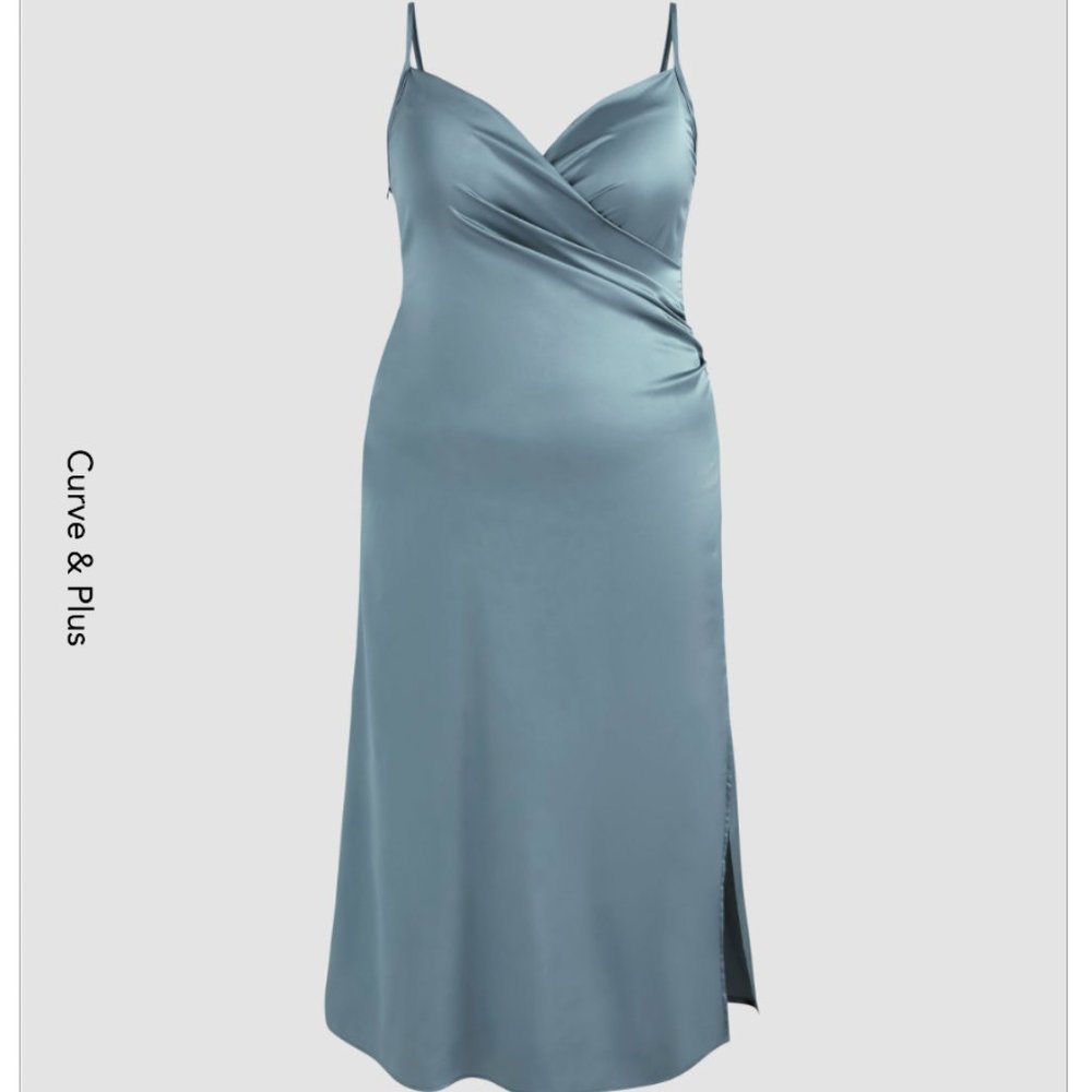 Cider Curve & Plus Solid Satin Slit Midi Dress Baby Blue 3XL / Size 18 NWT